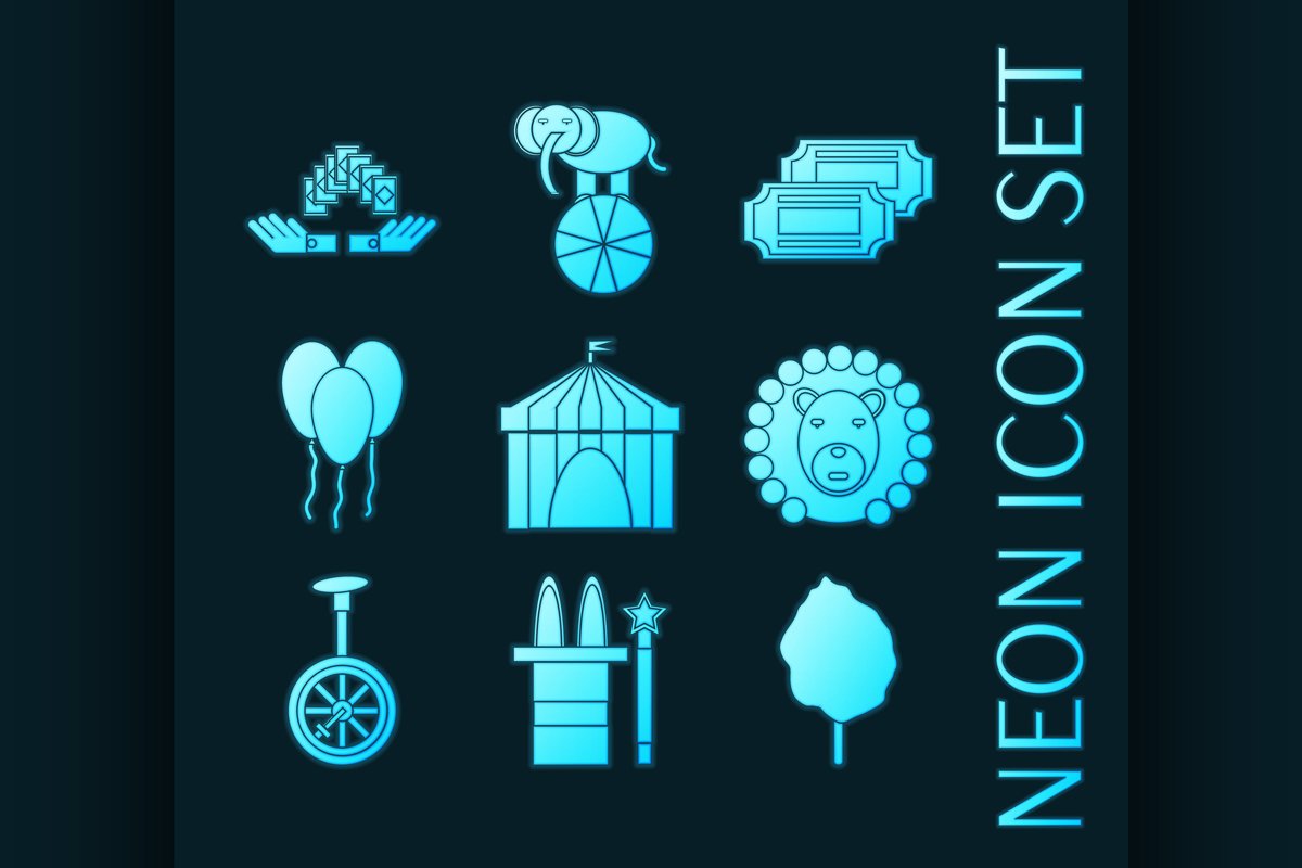Set of Circus blue glowing neon icons example image 1
