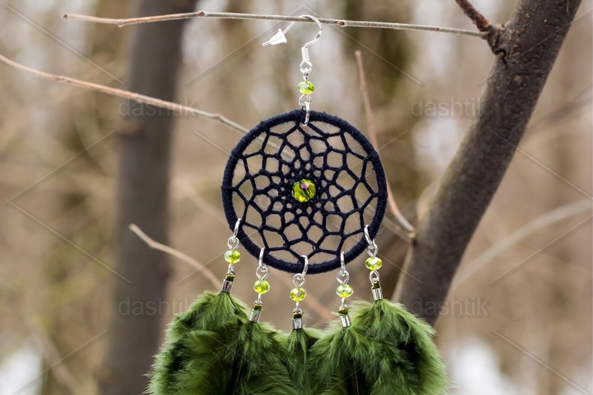 earrings of Dream catcher with feathers threads and beads example image 1