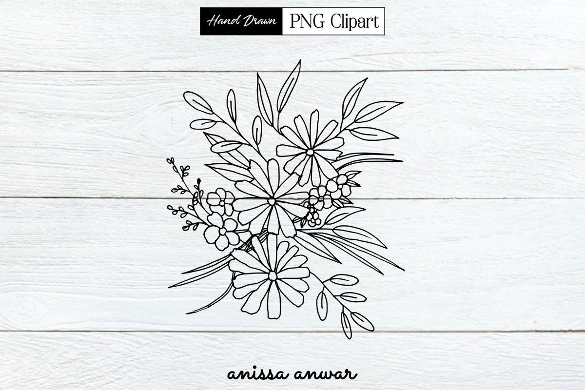 Flowers Bouquet Line Art, Png Clipart, Sublimation Printable example image 1