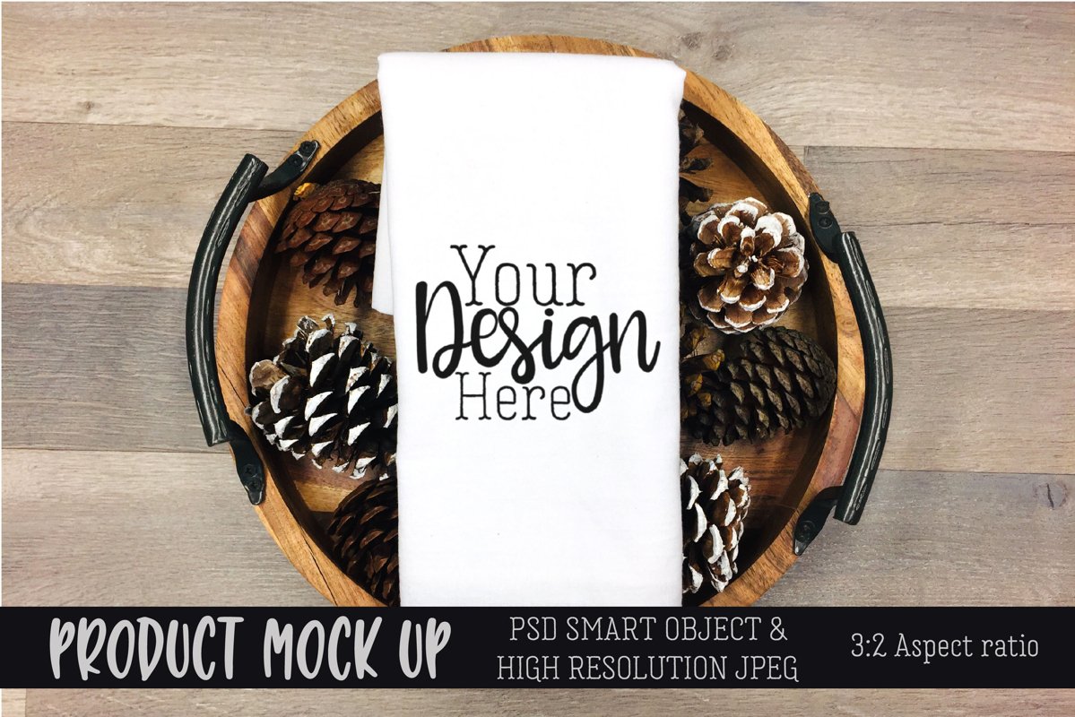 Flour sack tea towel pinecone craft mock up | PSD & JPEG example image 1