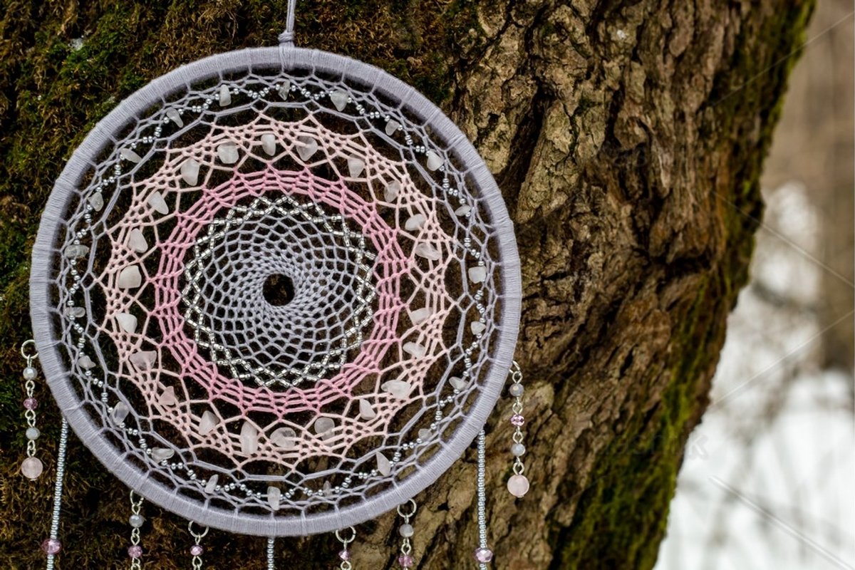 Dream catcher with feathers threads and beads rope hanging example image 1