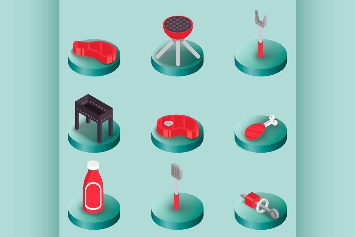 BBQ color isometric icons example image 1