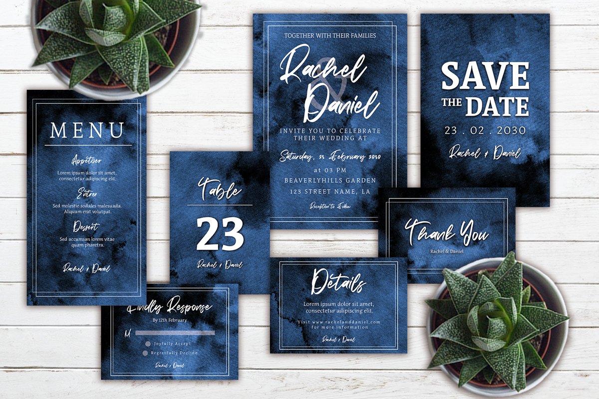 Abstract Indigo Blue Watercolor Wedding Invitation Set example image 1