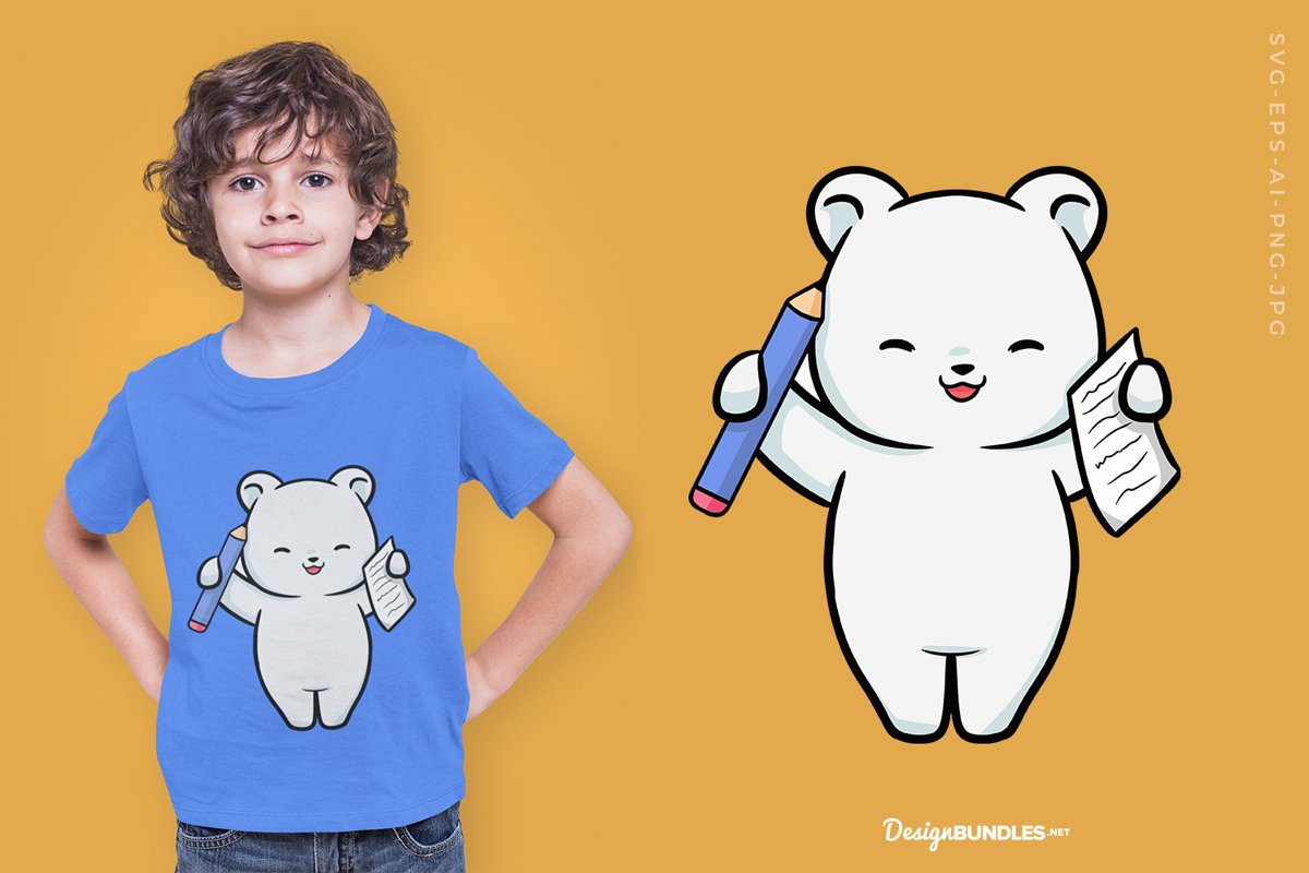Cute bear holding pencil and note T-Shirt Design example image 1