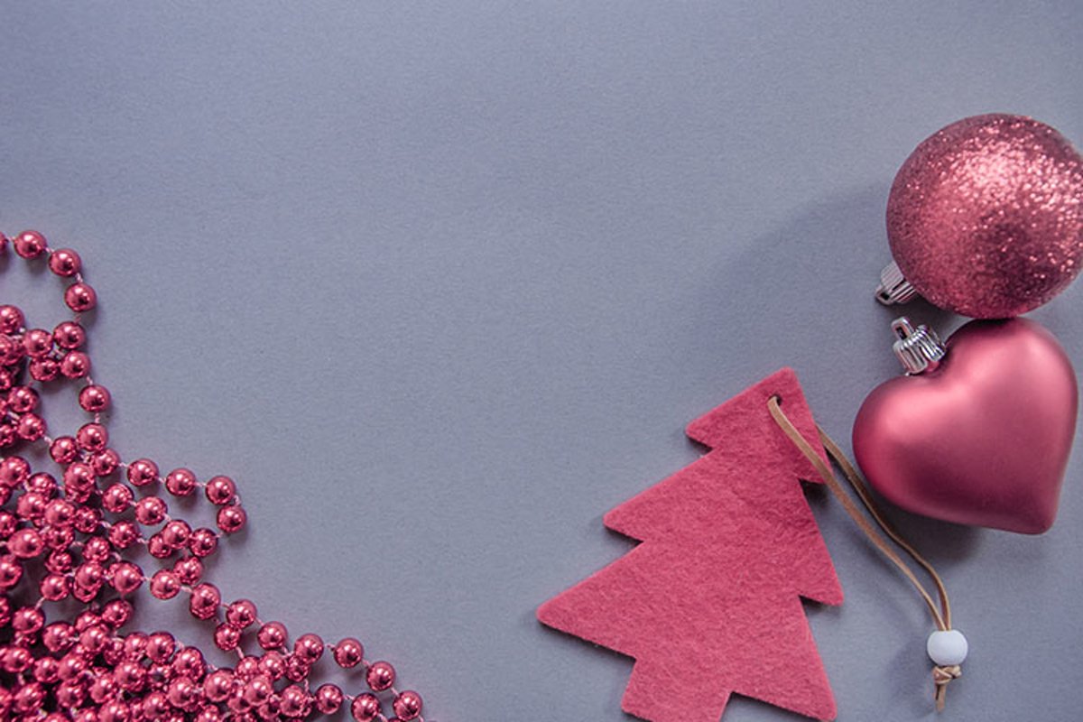Red Christmas tree, beads, balls on a gray background. example image 1