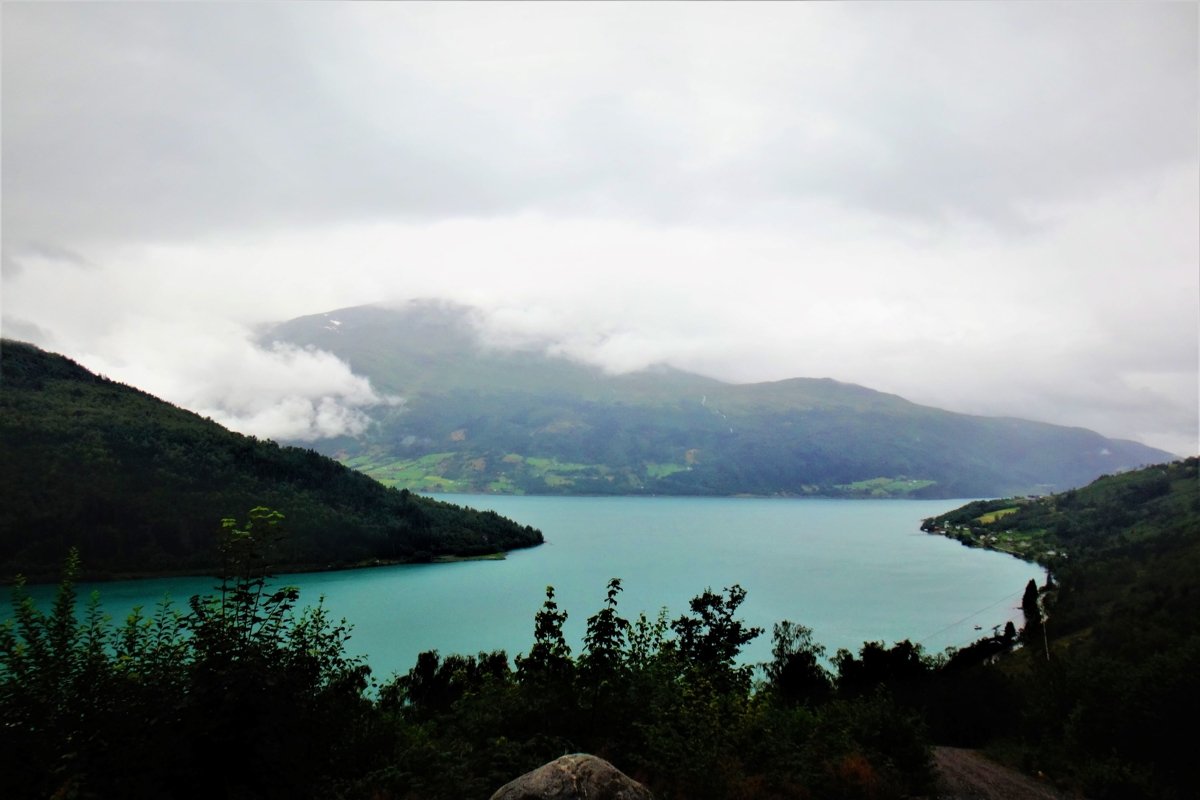 Picturesque Olden in Norway on a foggy cold day example image 1