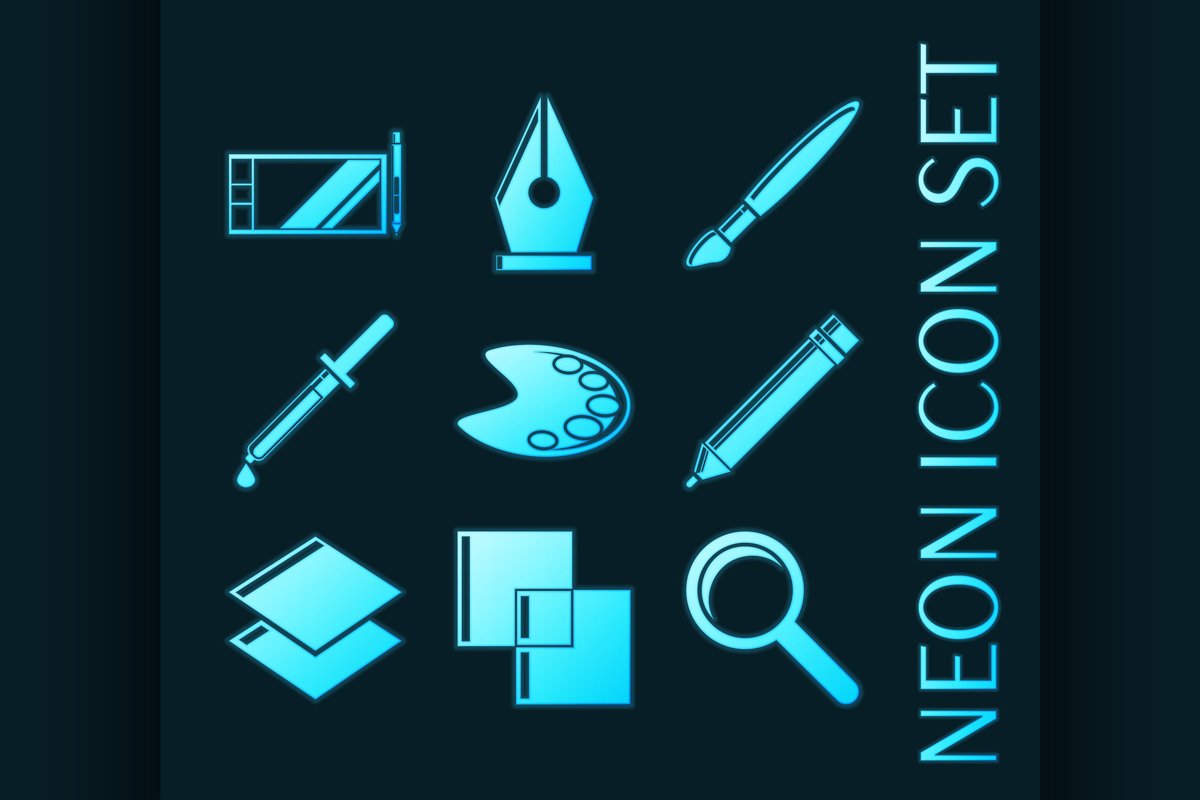 Set of Design Blue glowing neon icons example image 1