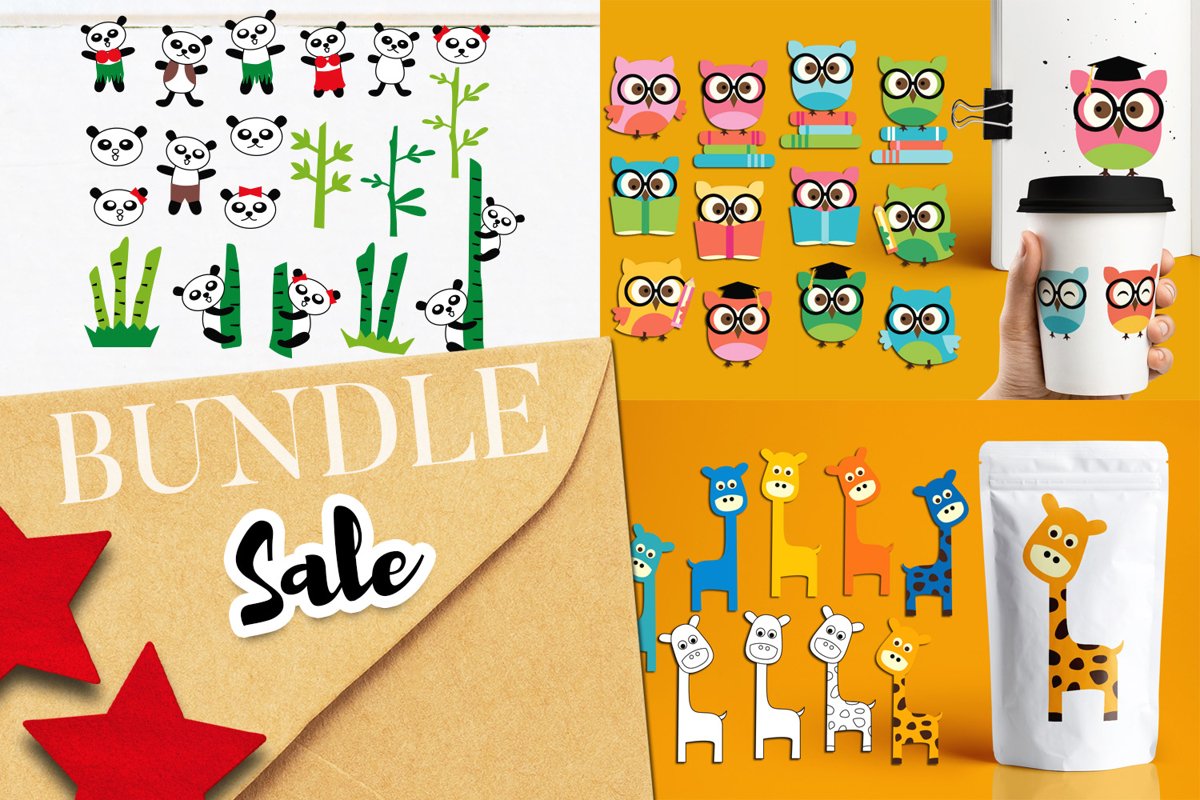 Panda Giraffe Owl clip art illustrations bundle example image 1