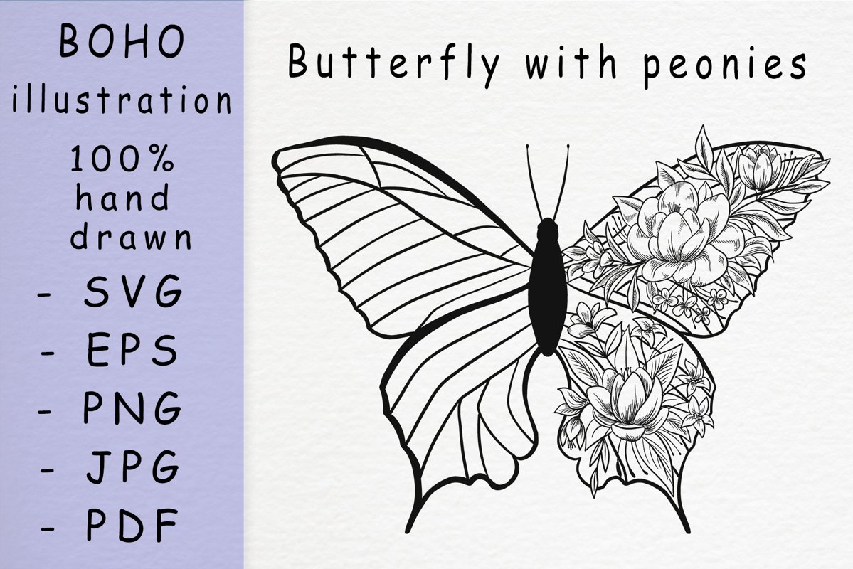 Boho illustration / Butterfly with peonies example image 1