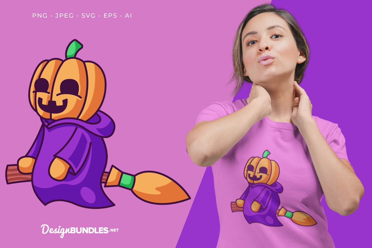Pumpkin Flying On A Broom Vector Illustration For T-Shirt example image 1