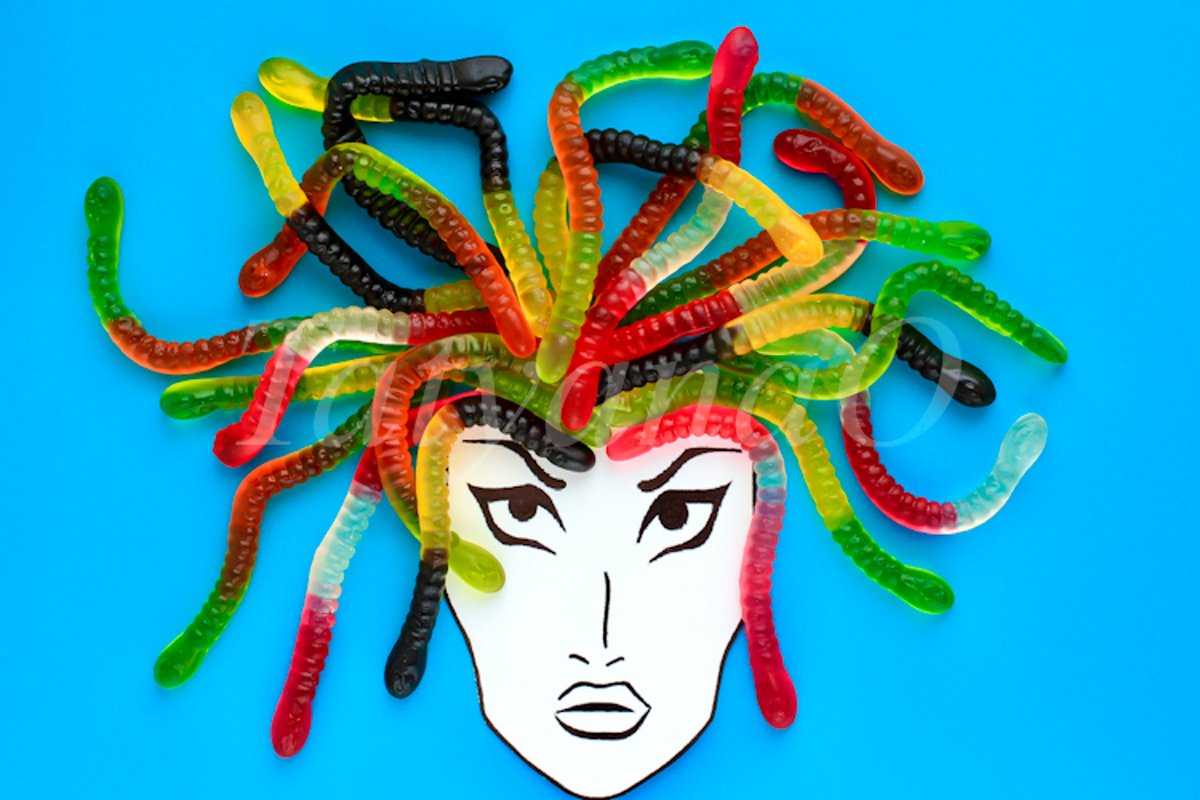 Jelly snakes candies lying like a Gorgon's Medusa hair example image 1