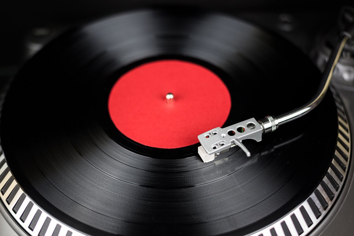 Professional party djs turntable on black background example image 1
