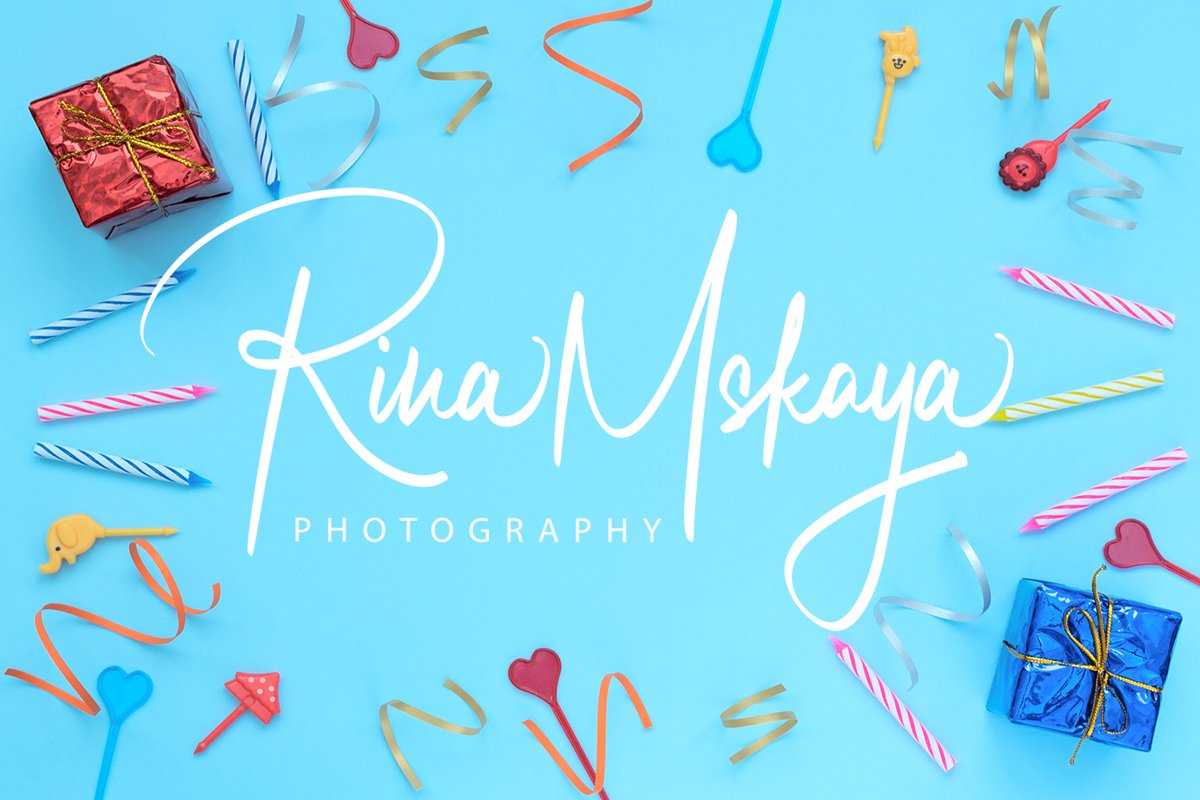 Blue background with wrapped giftboxes, streamers, candles example image 1