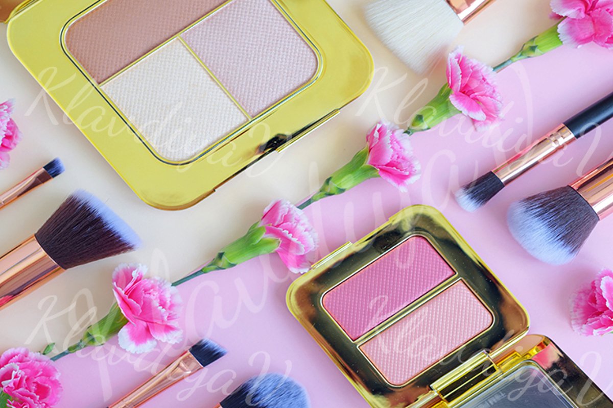 premium makeup brushes and blush on a colored background example image 1