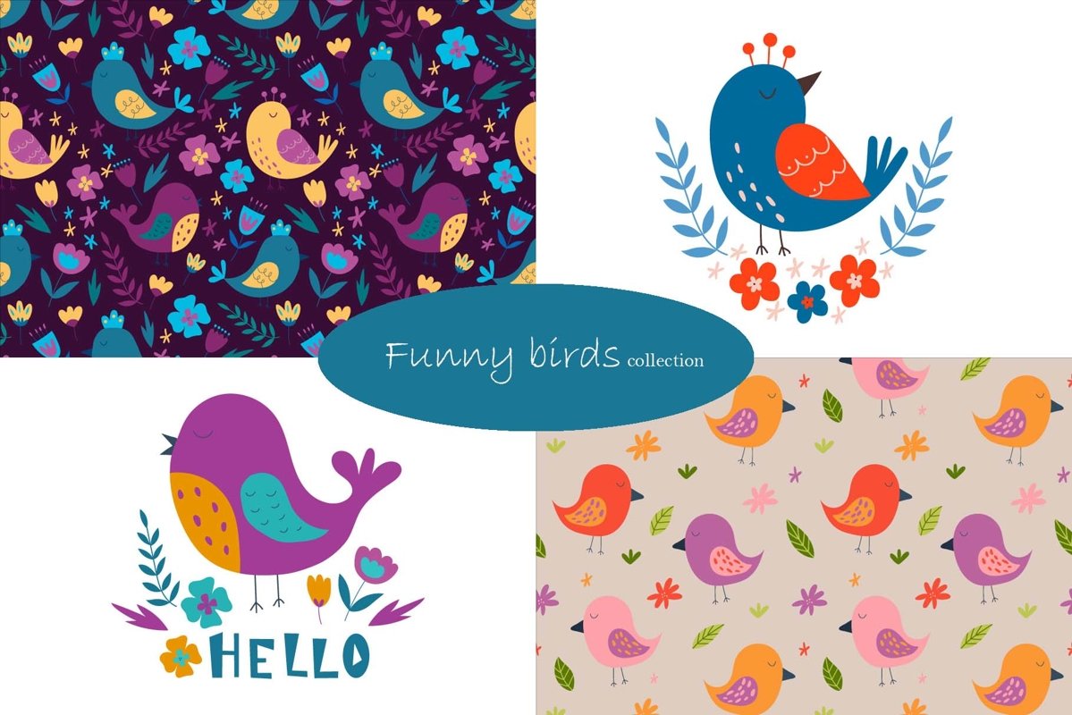 Funny birds collection. Patterns and illustration. example image 1