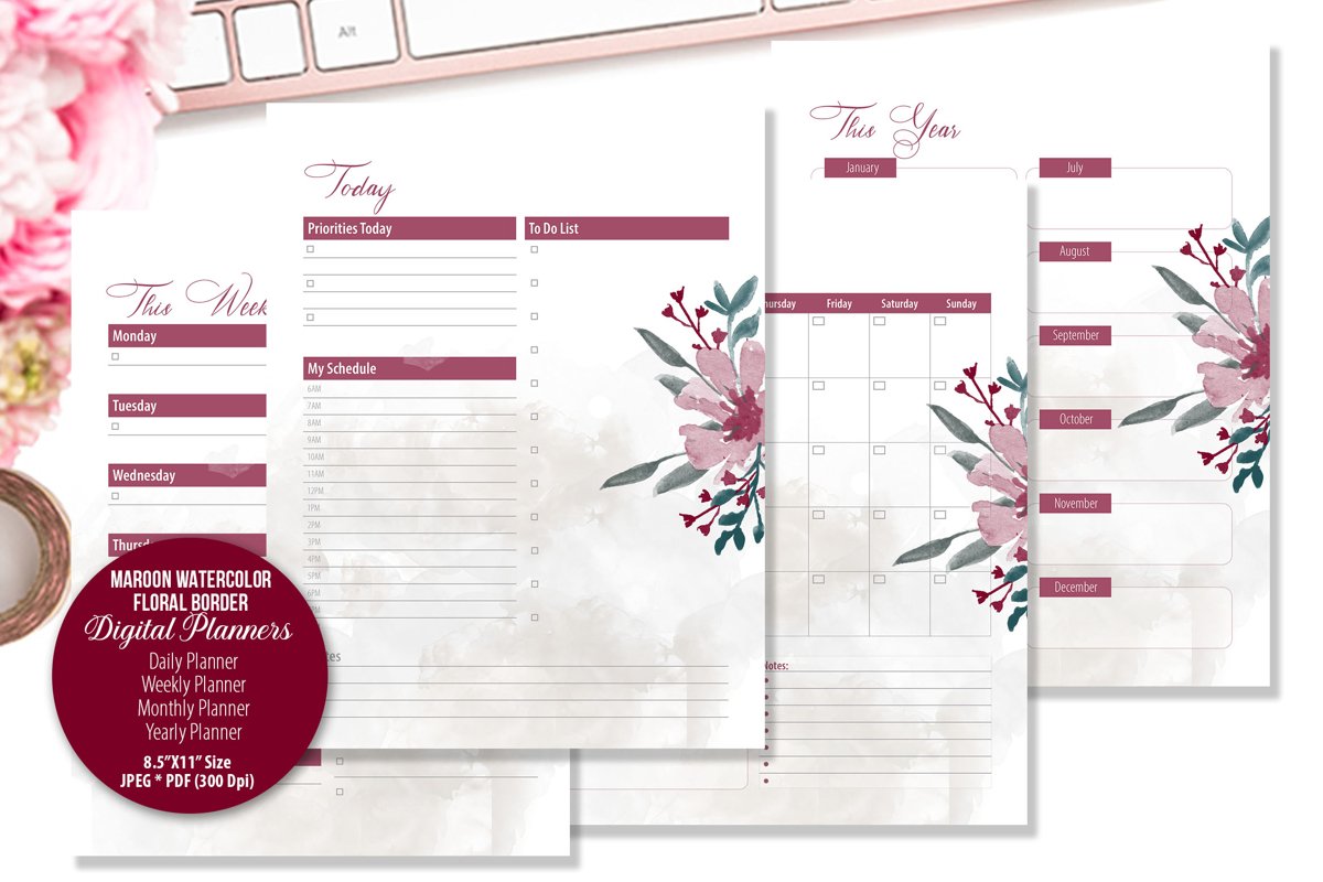 Maroon Watercolor Floral Border Digital Planner example image 1