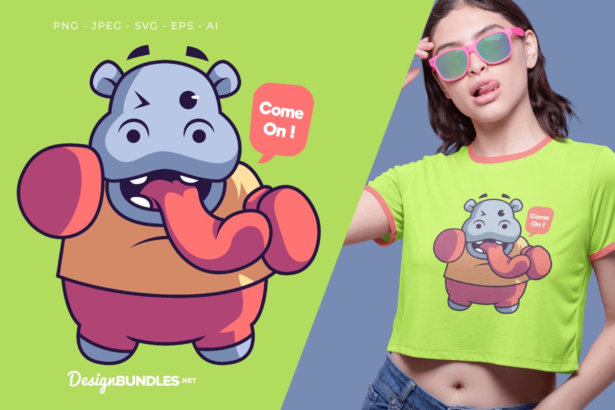 Hippo The Boxer Vector Illustration For T-Shirt Design example image 1