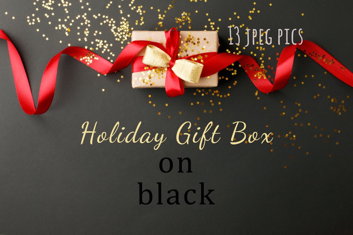 Gift box with bow and gold stars confetti on black table example image 1