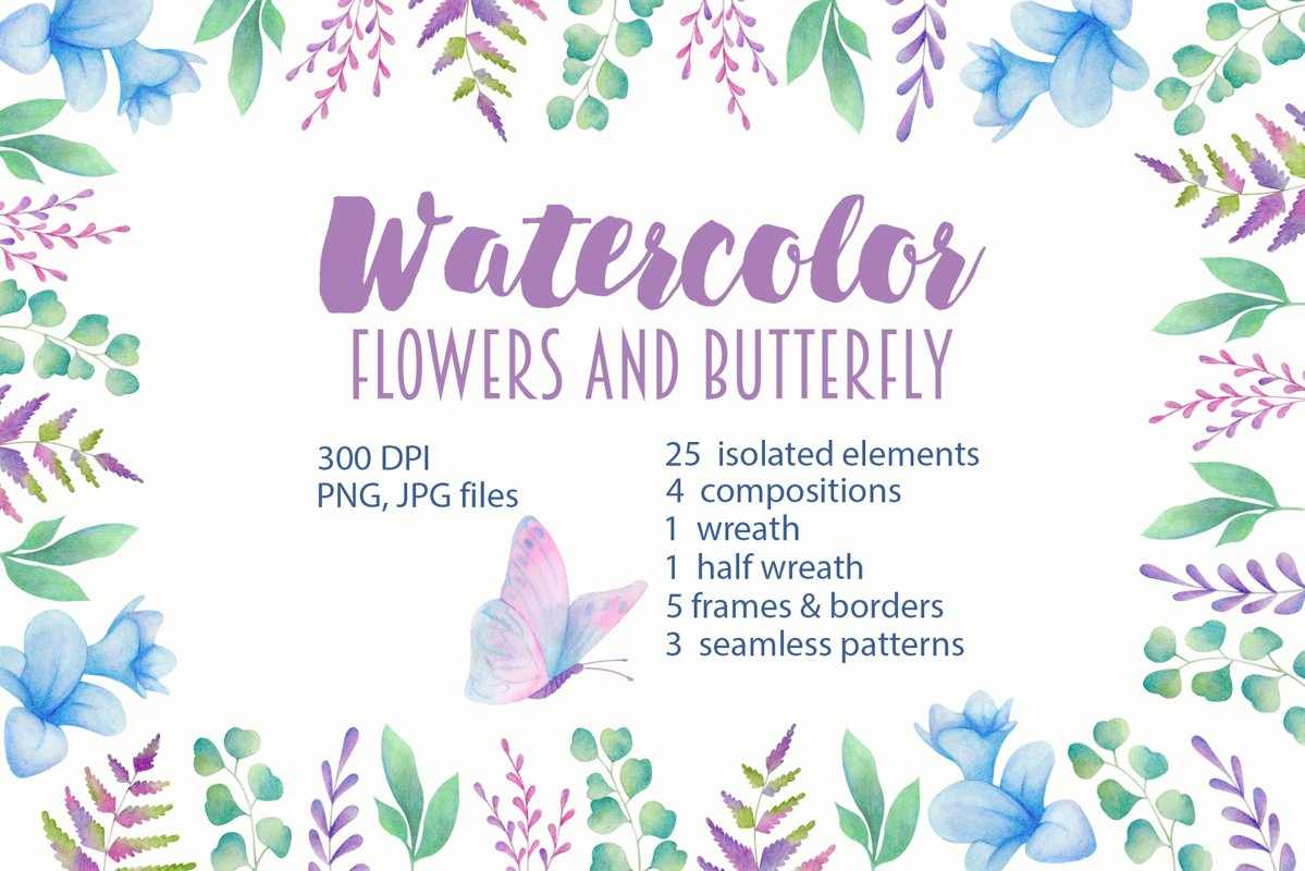 Watercolor flowers and butterfly example image 1