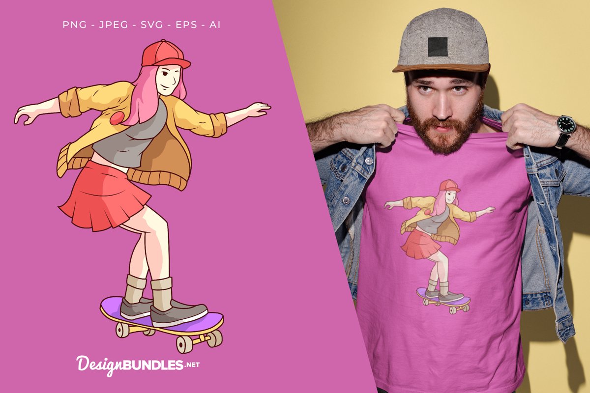 Teenage Girl Playing Skateboard Illustration For T-Shirt example image 1