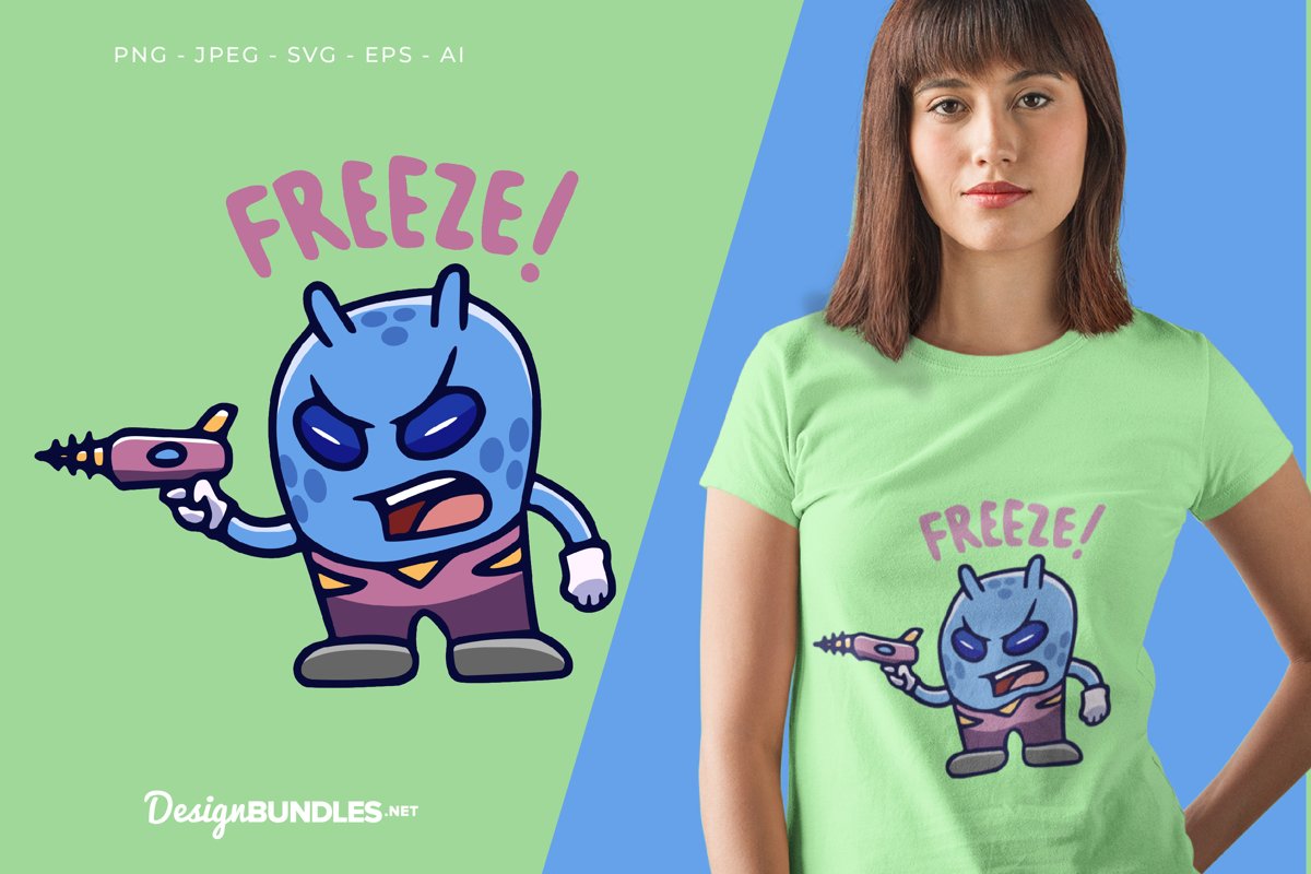 Shooting Blue Alien Vector Illustration For T-Shirt Design example image 1