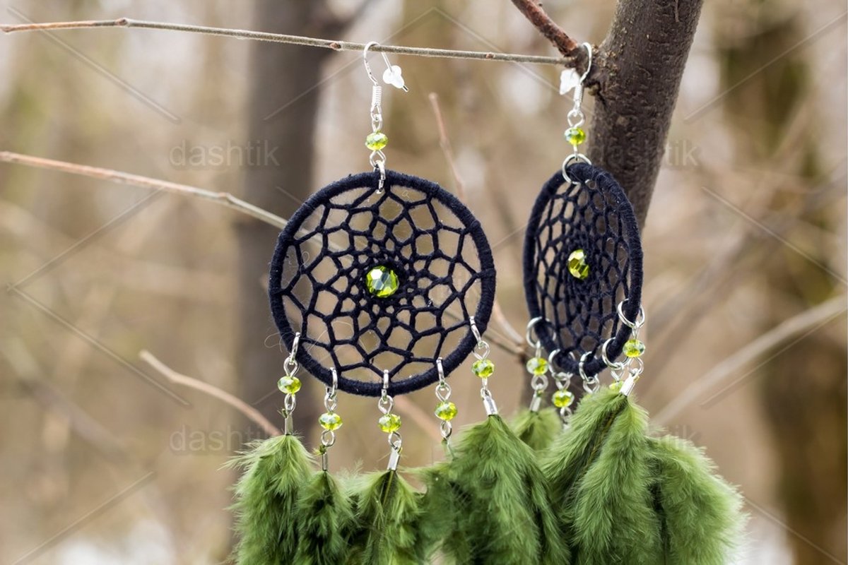 earrings of Dream catcher with feathers threads and beads example image 1