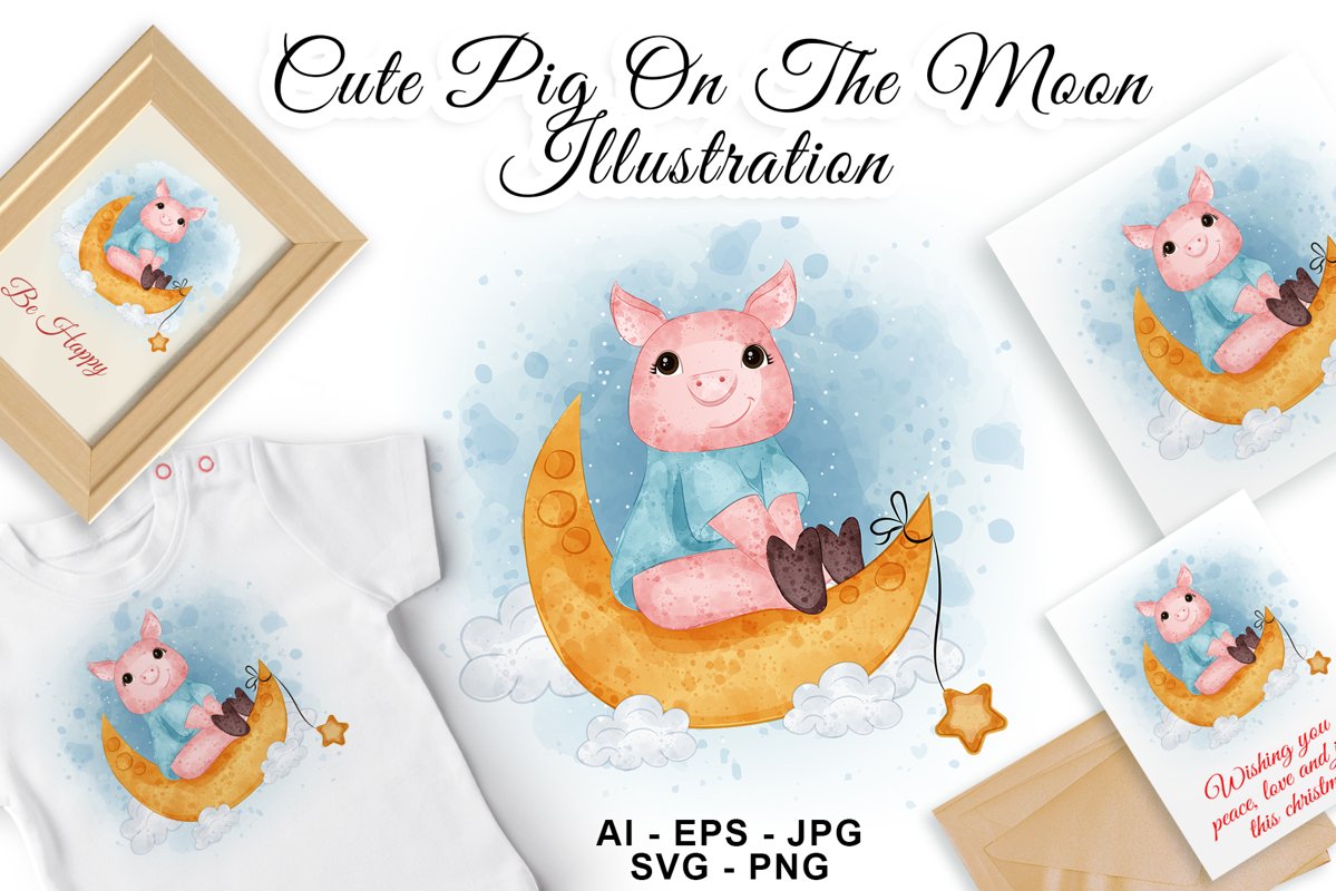 Cute pig on the moon watercolor illustration example image 1
