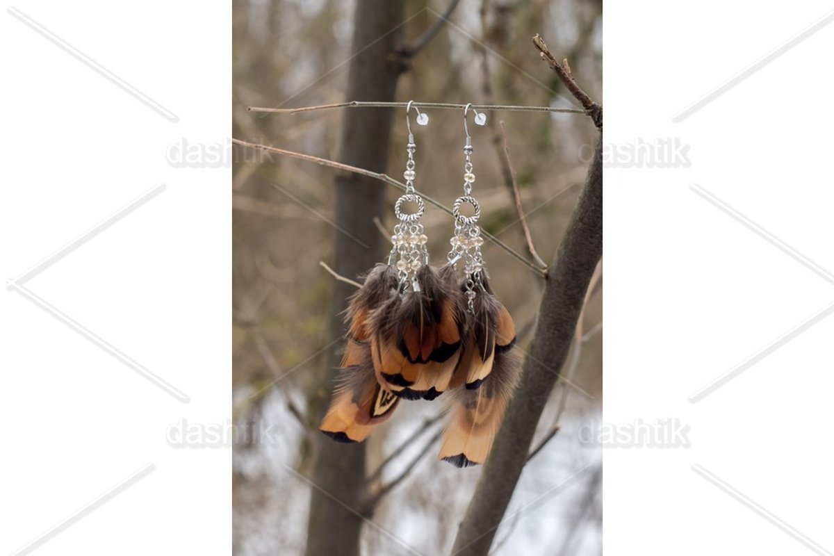 earrings of Dream catcher with feathers threads and beads example image 1