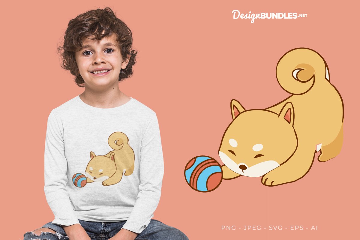 Shiba Inu Playing Ball Vector Illustration For T-Shirt example image 1