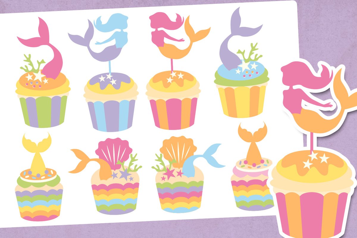 Mermaid cupcake illustrations clip art example image 1