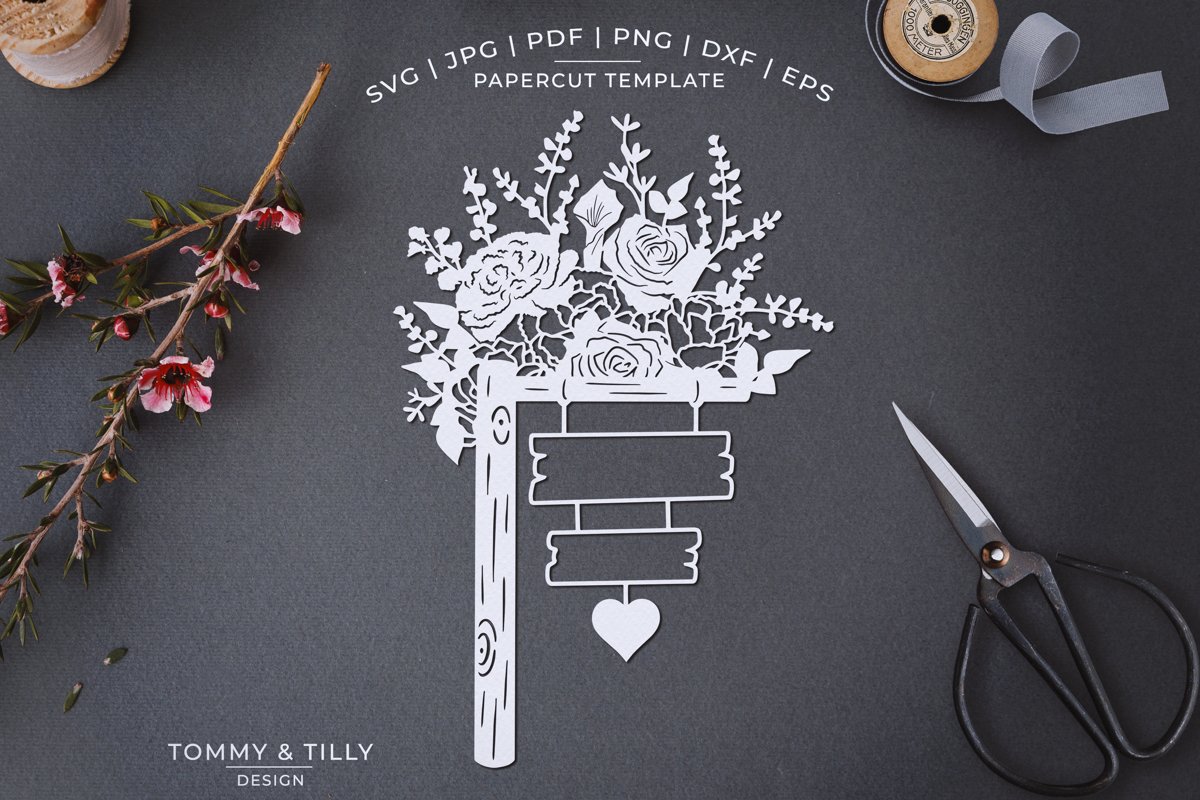 Romantic Floral Sign - Papercut Template SVG JPG PNG example image 1