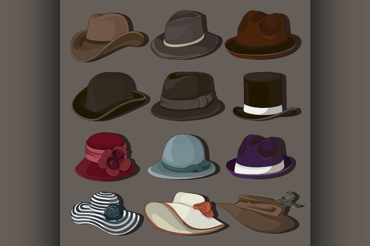 Vector set of man and woman hats example image 1