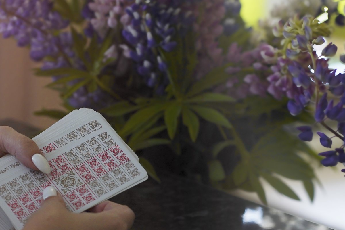 Tarot cards and Lupin flowers. example image 1
