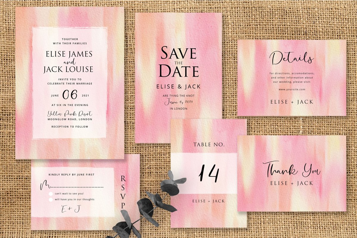 Yellow Pink Abstract Wedding Invitation Set example image 1