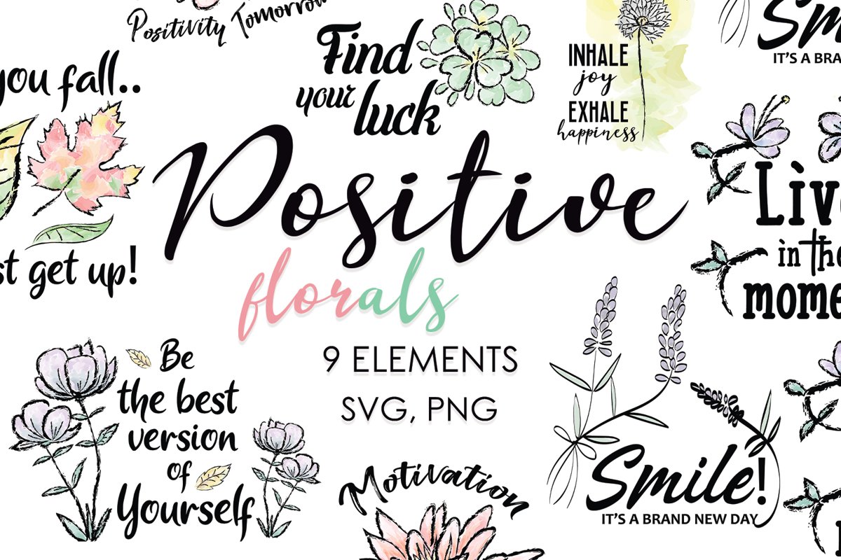 Floral Clipart, Watercolor Flowers, Positive Thoughts svg example image 1