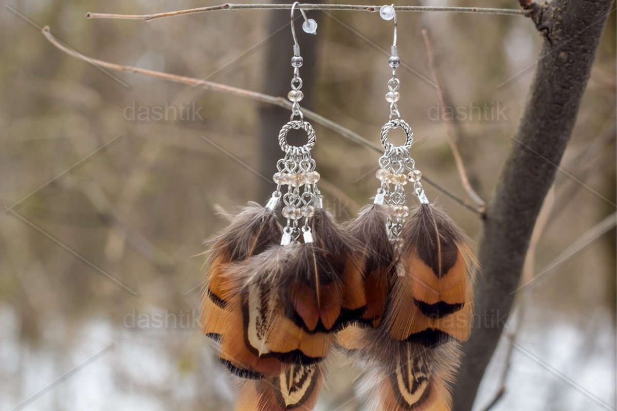 earrings of Dream catcher with feathers threads and beads example image 1