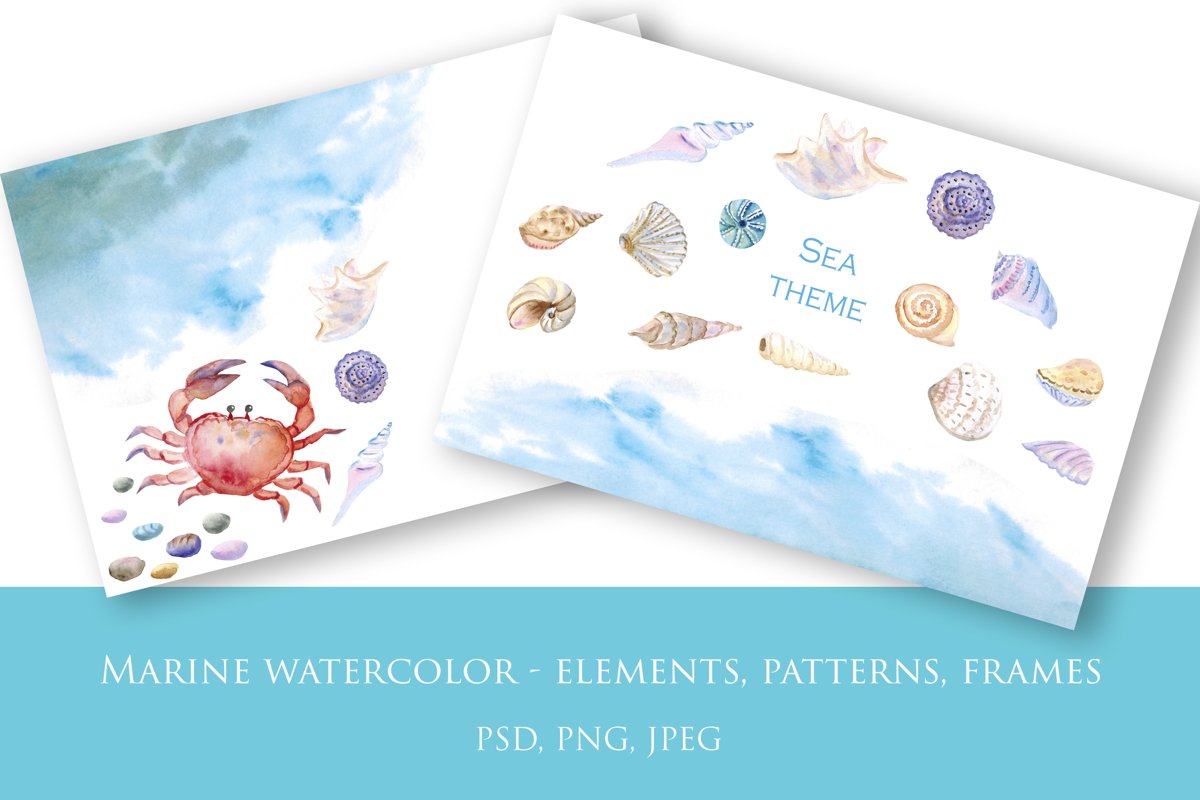 Marine watercolor - elements, patterns, frames example image 1
