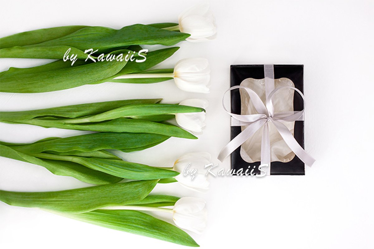 White tulip flowers and black gift box greeting card mockup example image 1