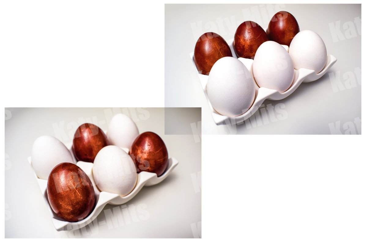 Set of 2 photos. White and colored eggs in a ceramic stand example image 1