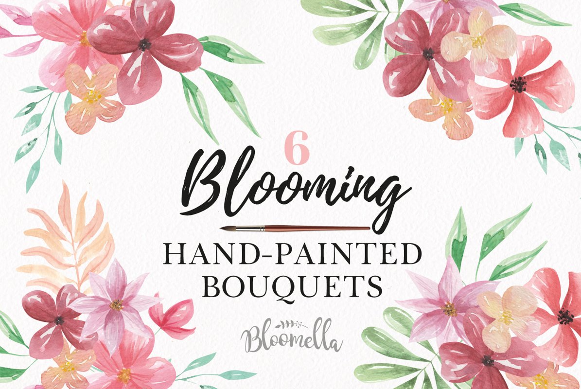 Bouquets Watercolor Floral Pink Flowers Blooming Leaves example image 1