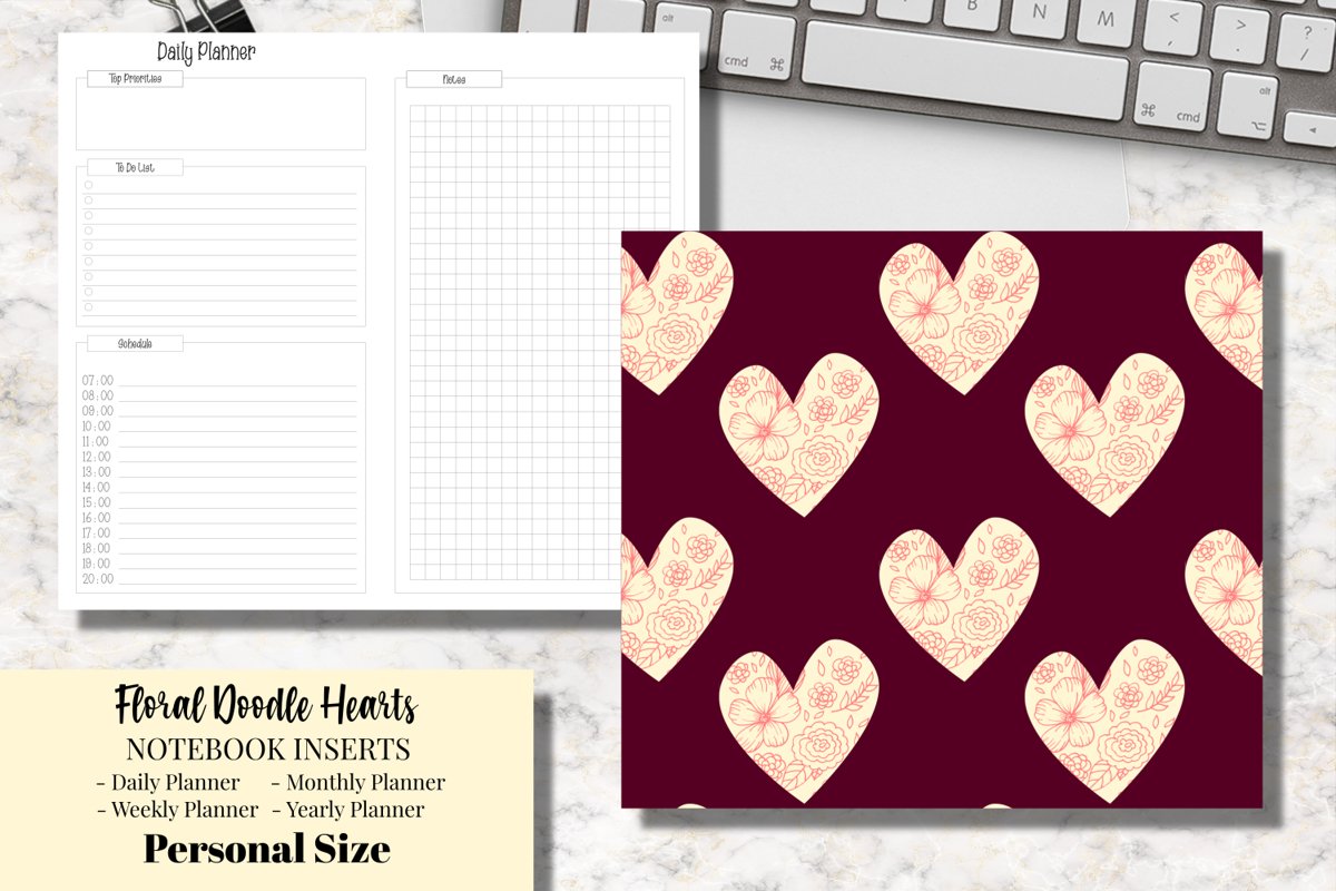 Floral Doodle Hearts Personal Size Notebook Inserts Planner example image 1
