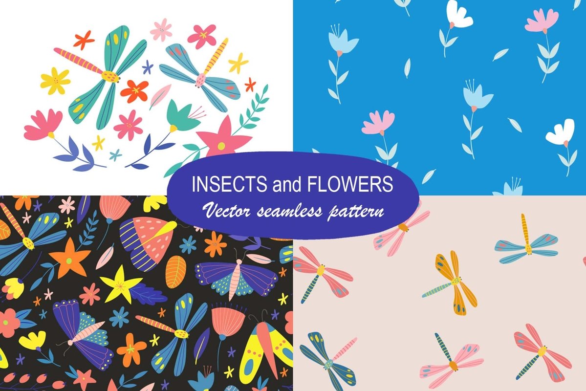 Insects and flowers. Seamless patterns and t-shirt print. example image 1