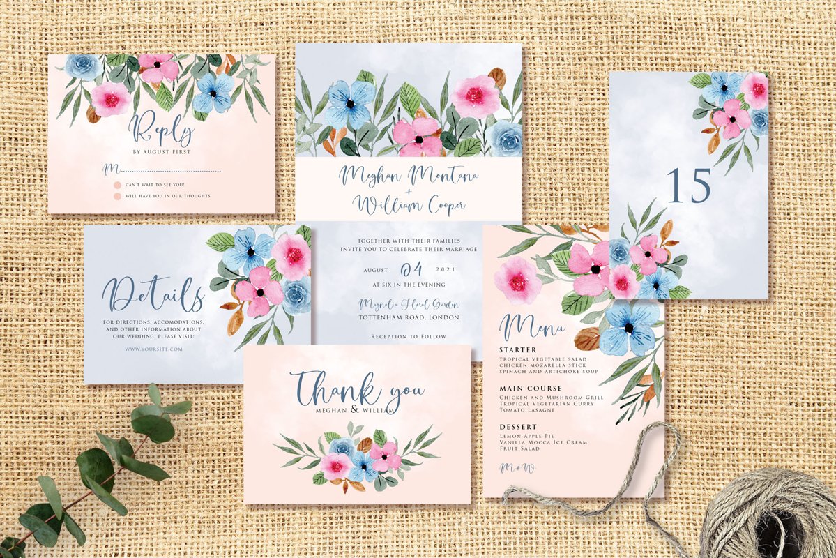 Blue Pink Flower Wedding Invitation Set example image 1