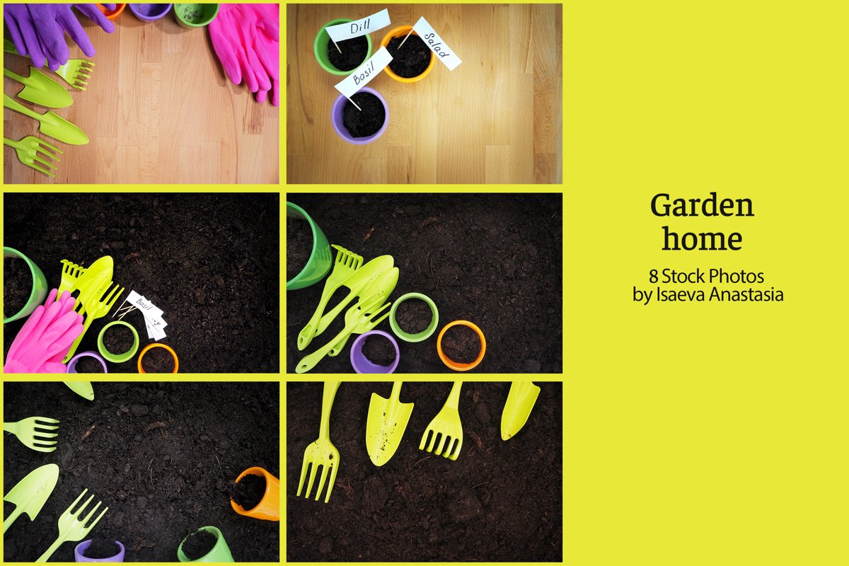 Garden pots and tools with earth on the ground background example image 1