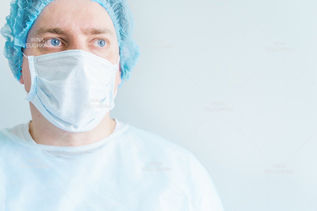 Doctor, patient in medical disposable hat, robe. Face mask example image 1