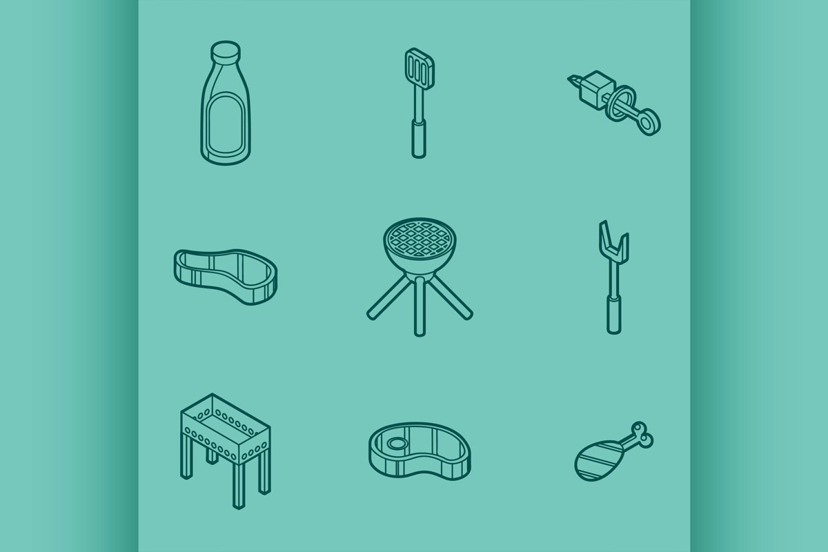 BBQ color outline isometric icons example image 1