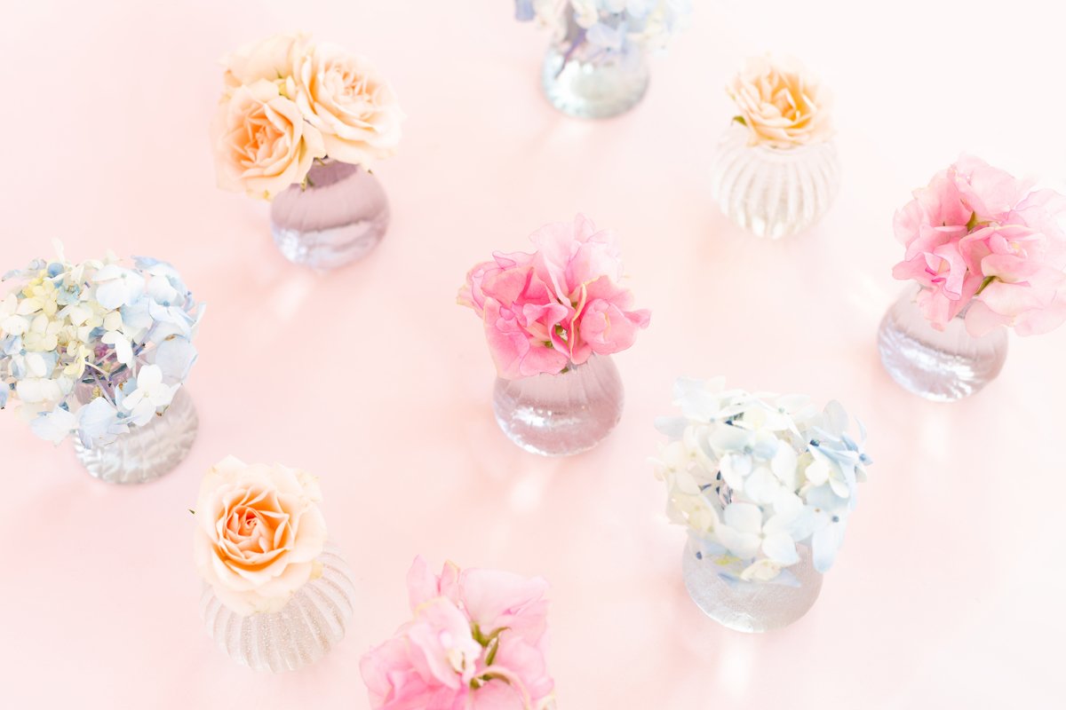 Blue hydrangea,pink sweet pea Lathyrus,roses in crystal vase example image 1