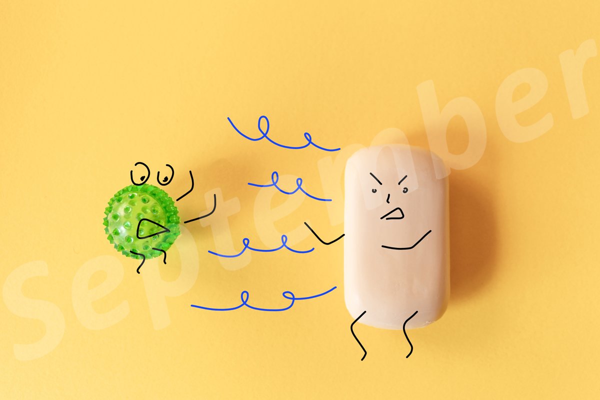Illustration of soap against virus fight. Hygiene concept example image 1