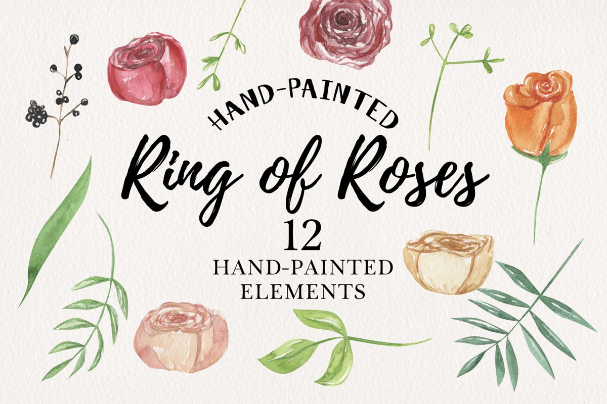 Ring of Roses Watercolor Floral 12 Elements Flowers Red example image 1