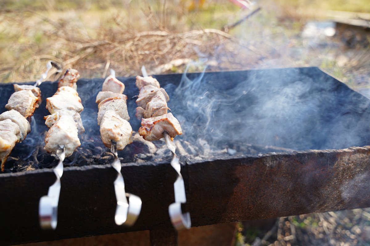 BBQ pork, beef meat, fried in barbecue. Grill on skewers example image 1